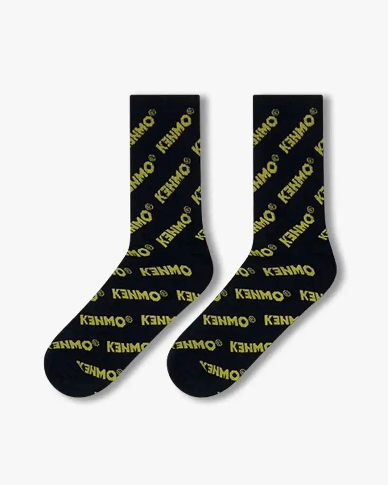 Black Crew Socks | Yellow Kenmo Logo All Over - Image 3