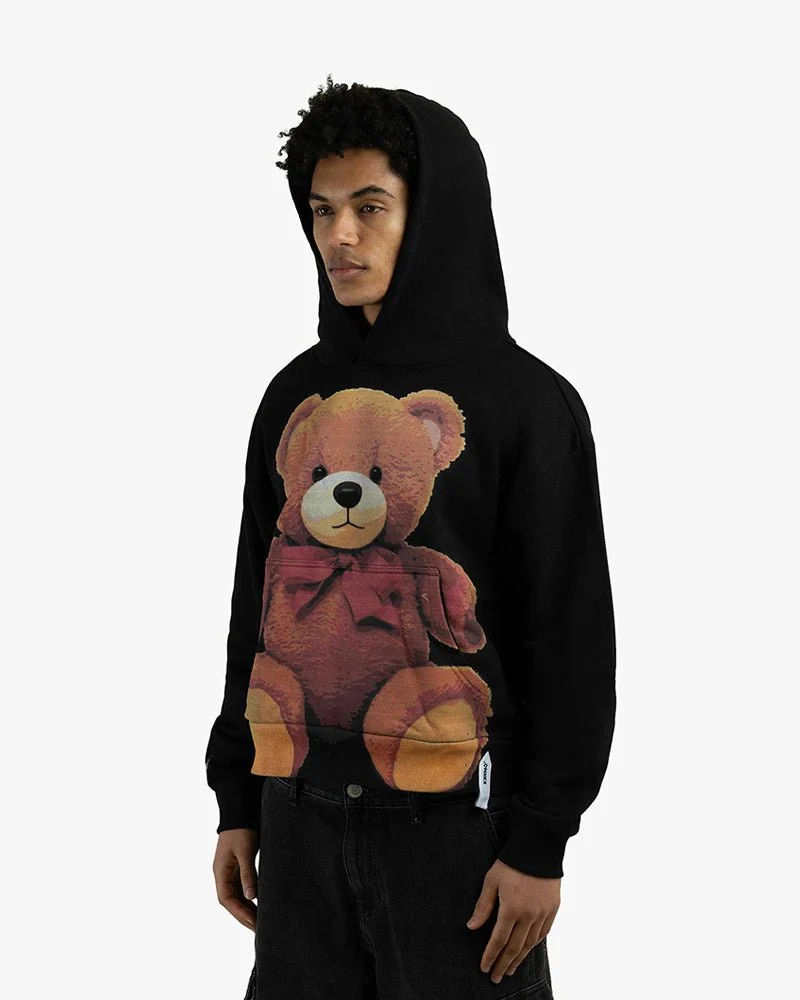 Black Cropped Hoodie | Bold Teddy Bear Graphic - Image 2