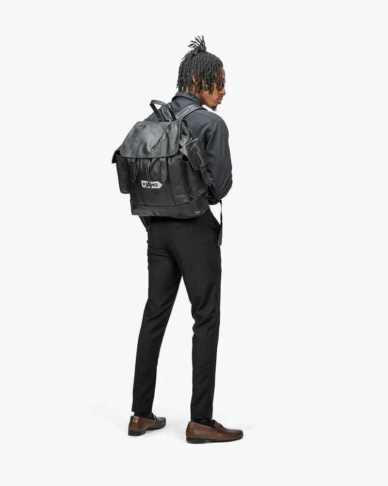 Black Leather Backpack | Two Side Pockets & Arrow Logo - Image 4