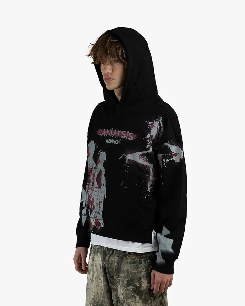 Black Cropped Hoodie | Catharsis Graphics With Stars - Image 2