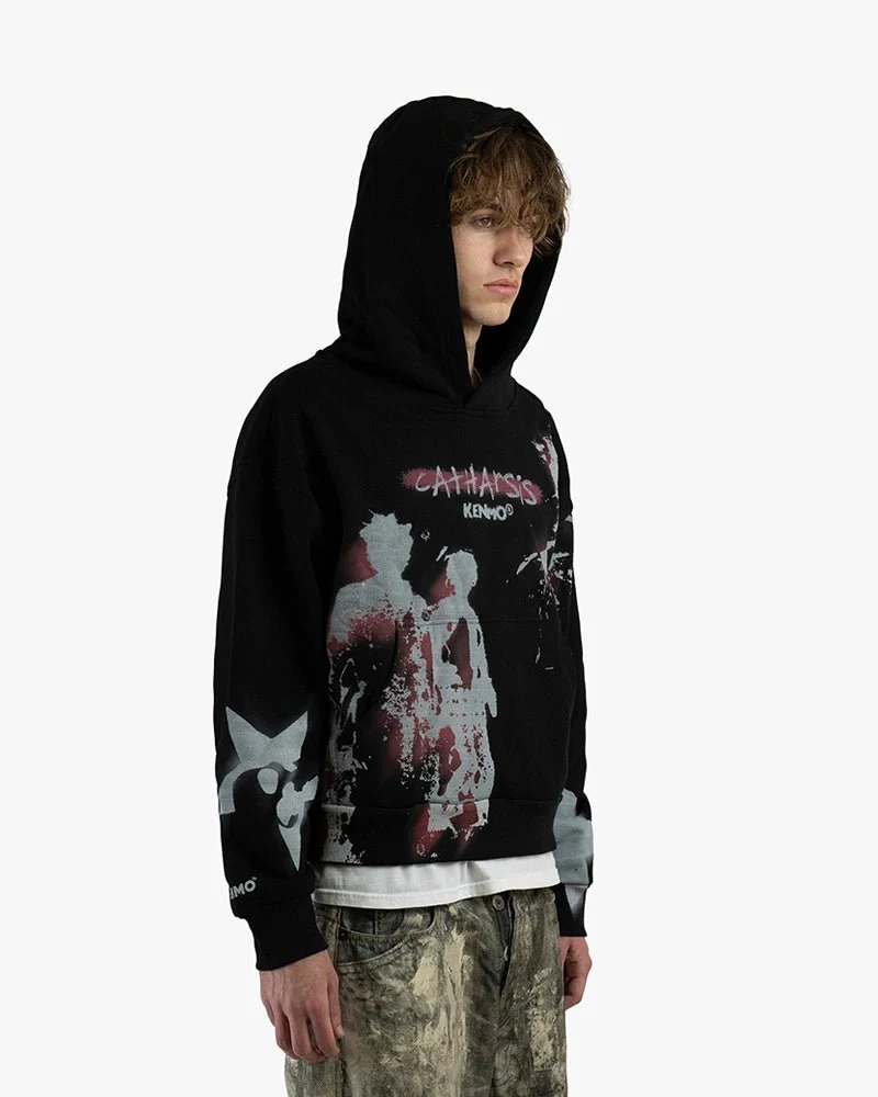 Black Cropped Hoodie | Catharsis Graphics With Stars - Image 3