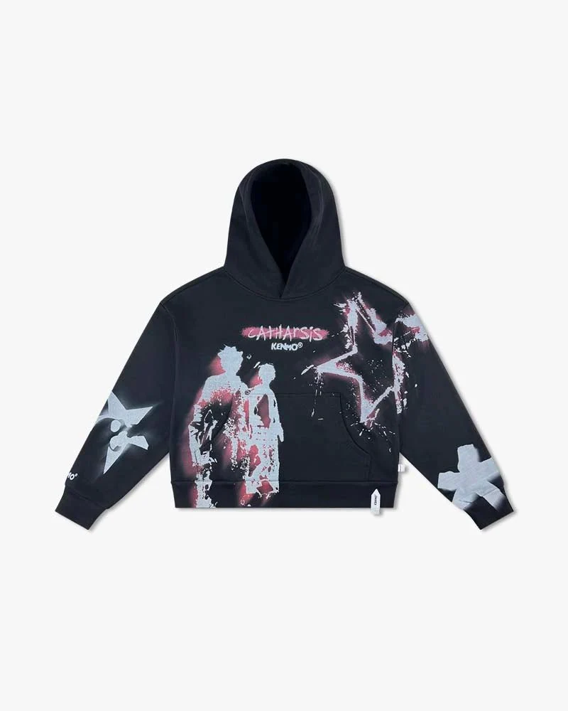 Black Cropped Hoodie | Catharsis Graphics With Stars - Image 6