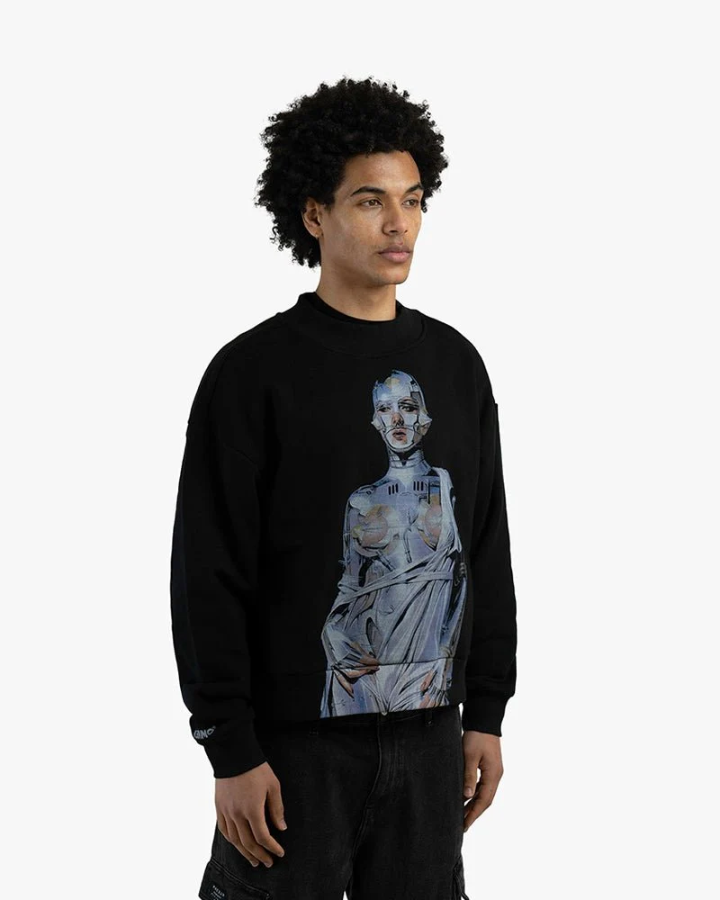 Black Cropped Sweatshirt | Cyborg Girl Graphic - Image 3