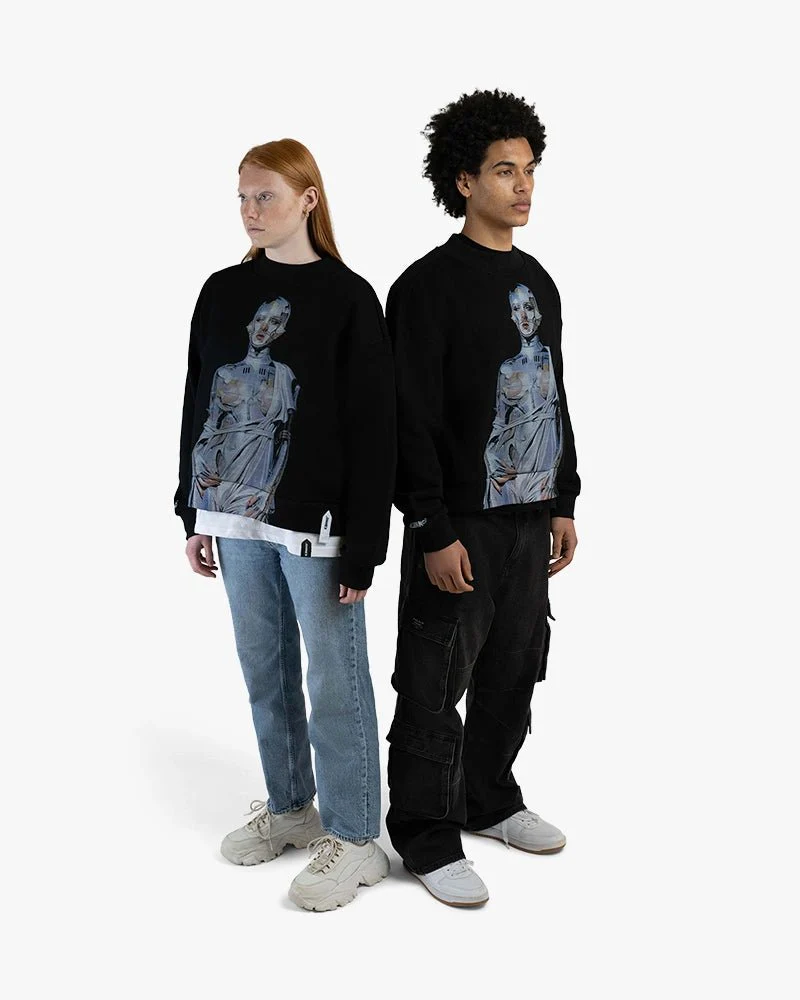 Black Cropped Sweatshirt | Cyborg Girl Graphic - Image 5