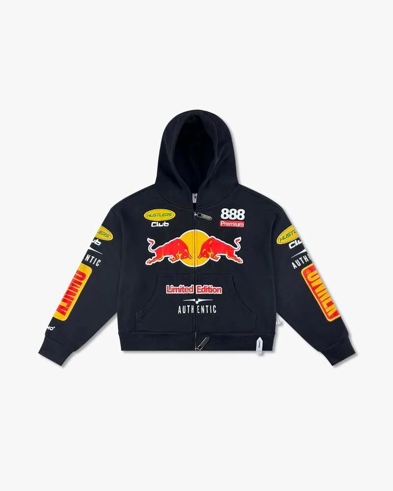 Black Cropped Zip-Up Hoodie | Racing Club Graphics - Image 8