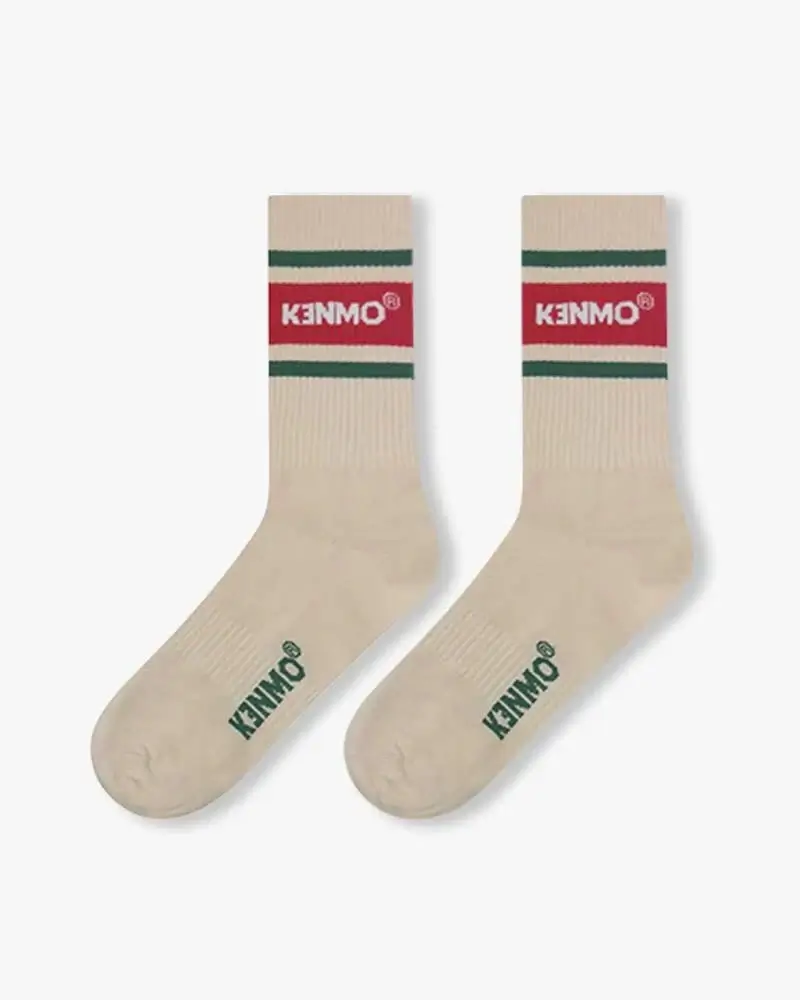 White Retro Socks | Red Stripe, Logo & Green Accent Lines - Image 3