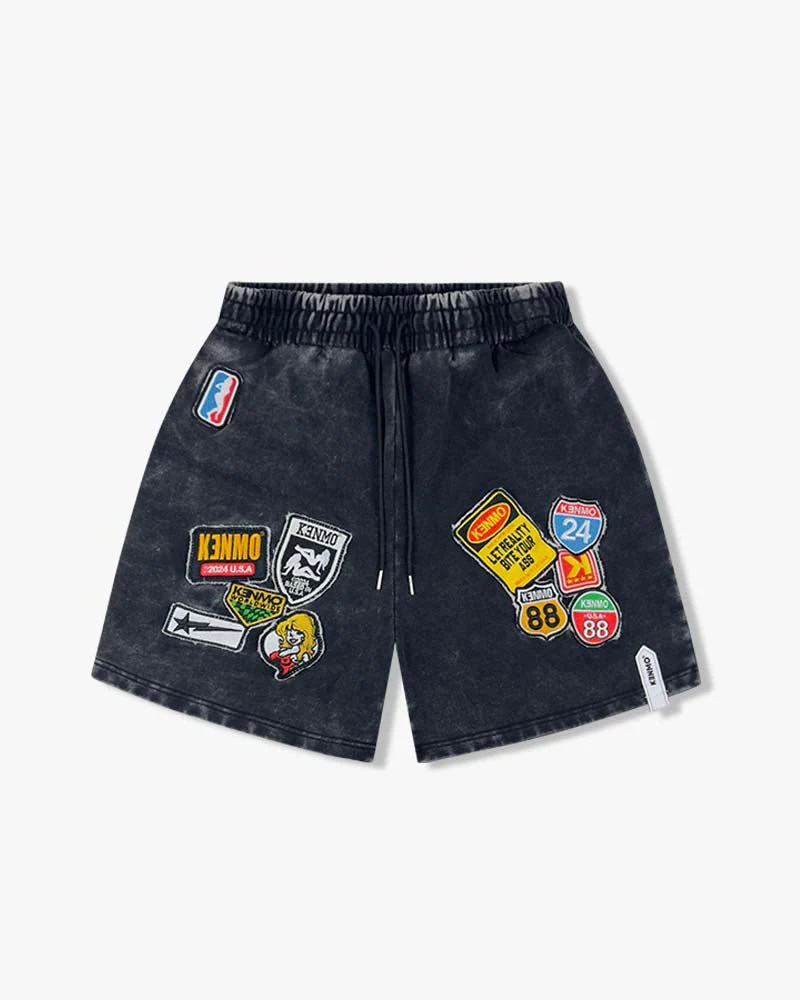 Black Washed Shorts | Kenmo Patches On Both Legs - Image 5